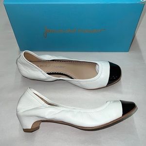 Woman’s Jean Michel Cazabat Mina Low heel pump white/black patent leather